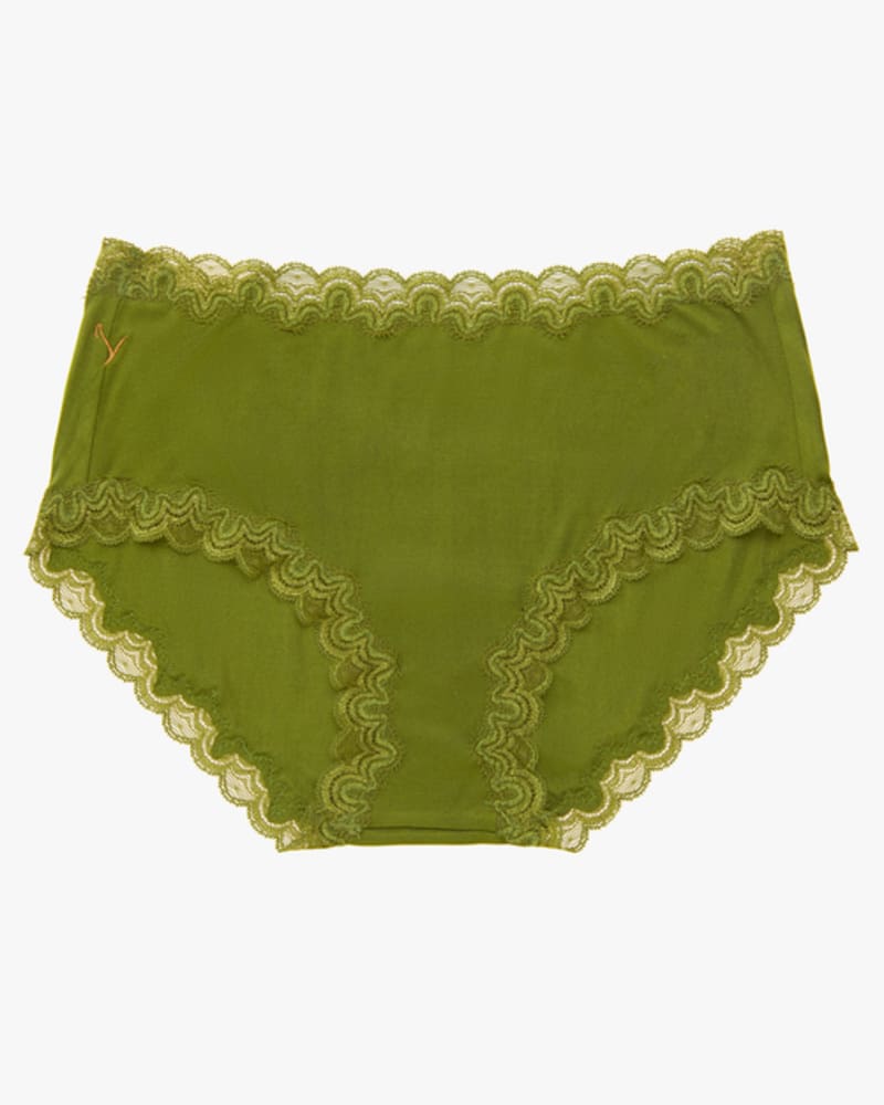 Front of a size L Soft Silk Panties with Contrast Lace in Terrarium Moss with Pepper Stem by Uwila Warrior. | dia_product_style_image_id:242471